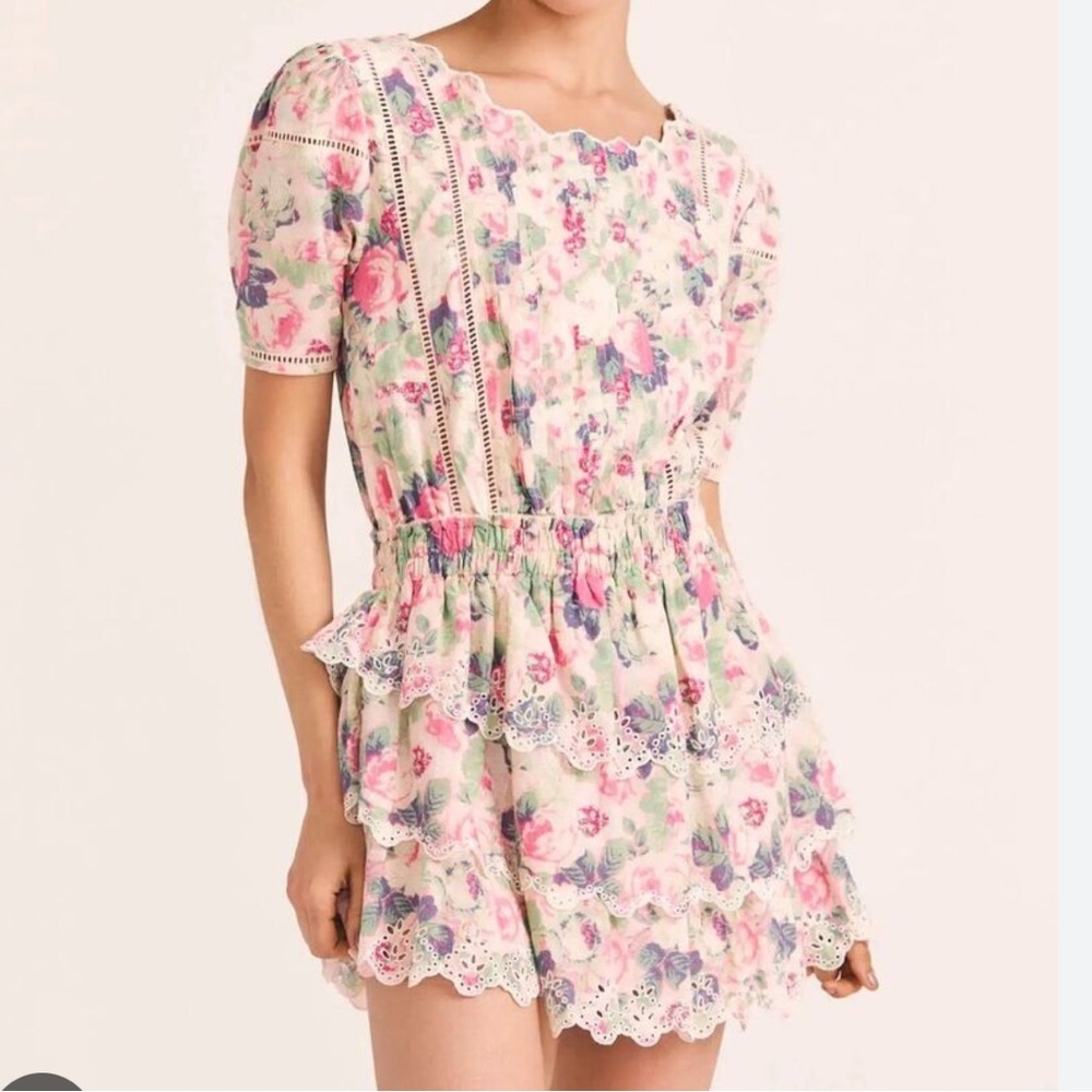 LoveShackFancy Pink and Green Dress (Mavis Dress Veiled Kiss Mini Ruffle)